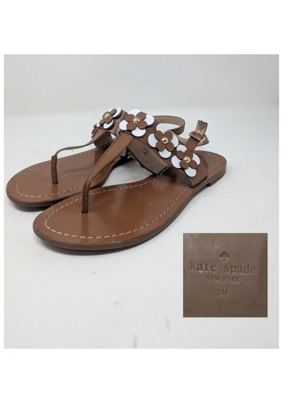 Kate Spade Thong Sandals 6 Brown Leather Flat Floral